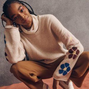 Belmore Floral-Sleeve Pullover Sweater in Coziest Textured Yarn